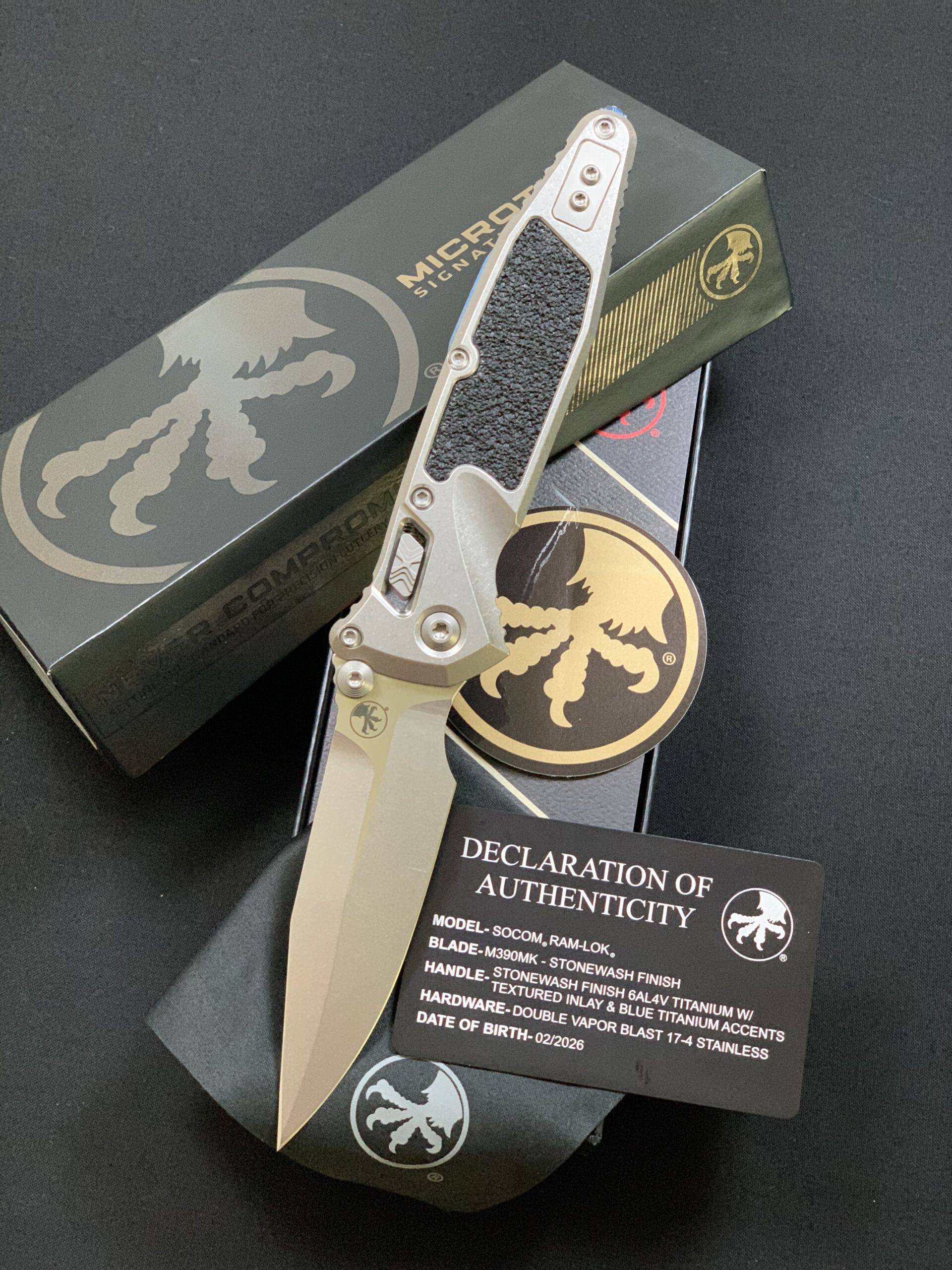 Microtech Marfione Select Socom Ram-Lok Spearpoint – Titanium Handles Stonewash w/ Textured Inlay Blue Titanium Accents