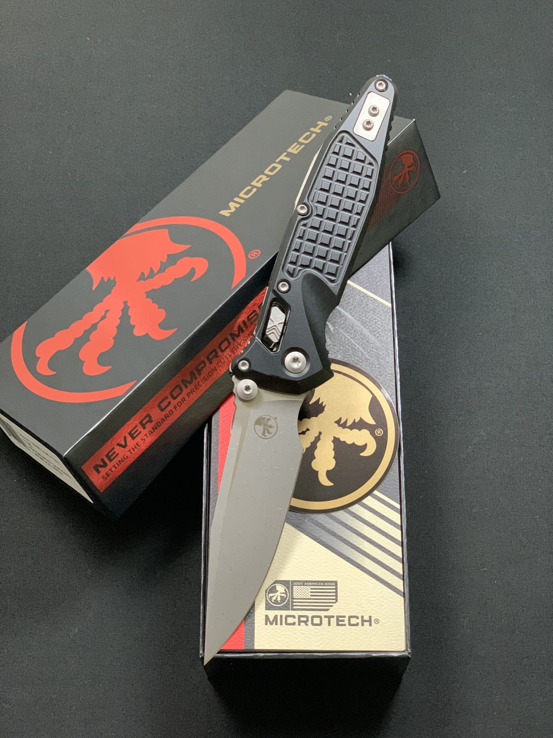 Microtech Socom Ram-Lok S/E Spearpoint - Apocalyptic Aluminum Frag Black Handles