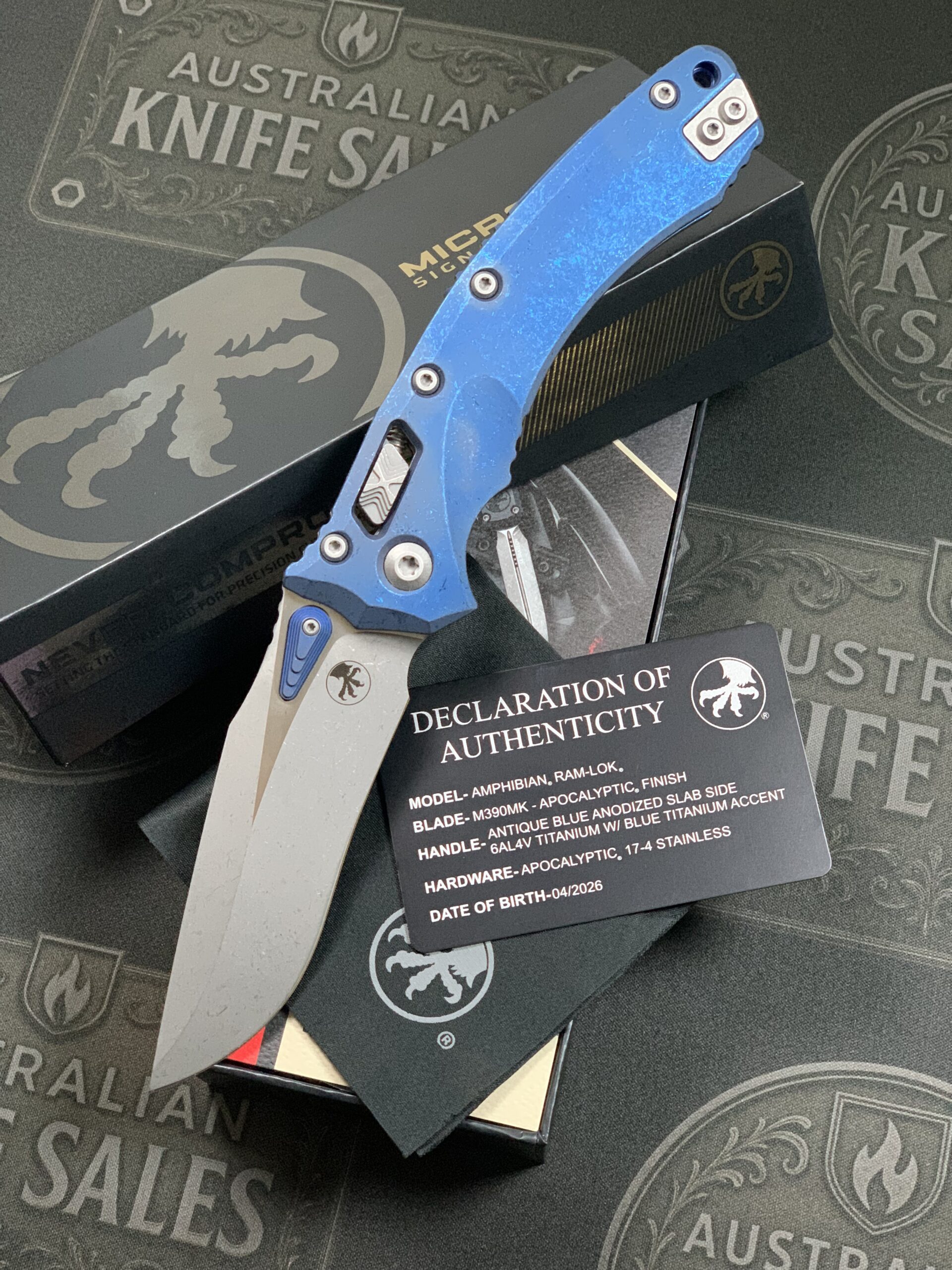 Microtech Amphibian Marfione Select Apocalyptic Antique Blue – Anodized Slab Side Titanium w/ Blue Titanium Accents