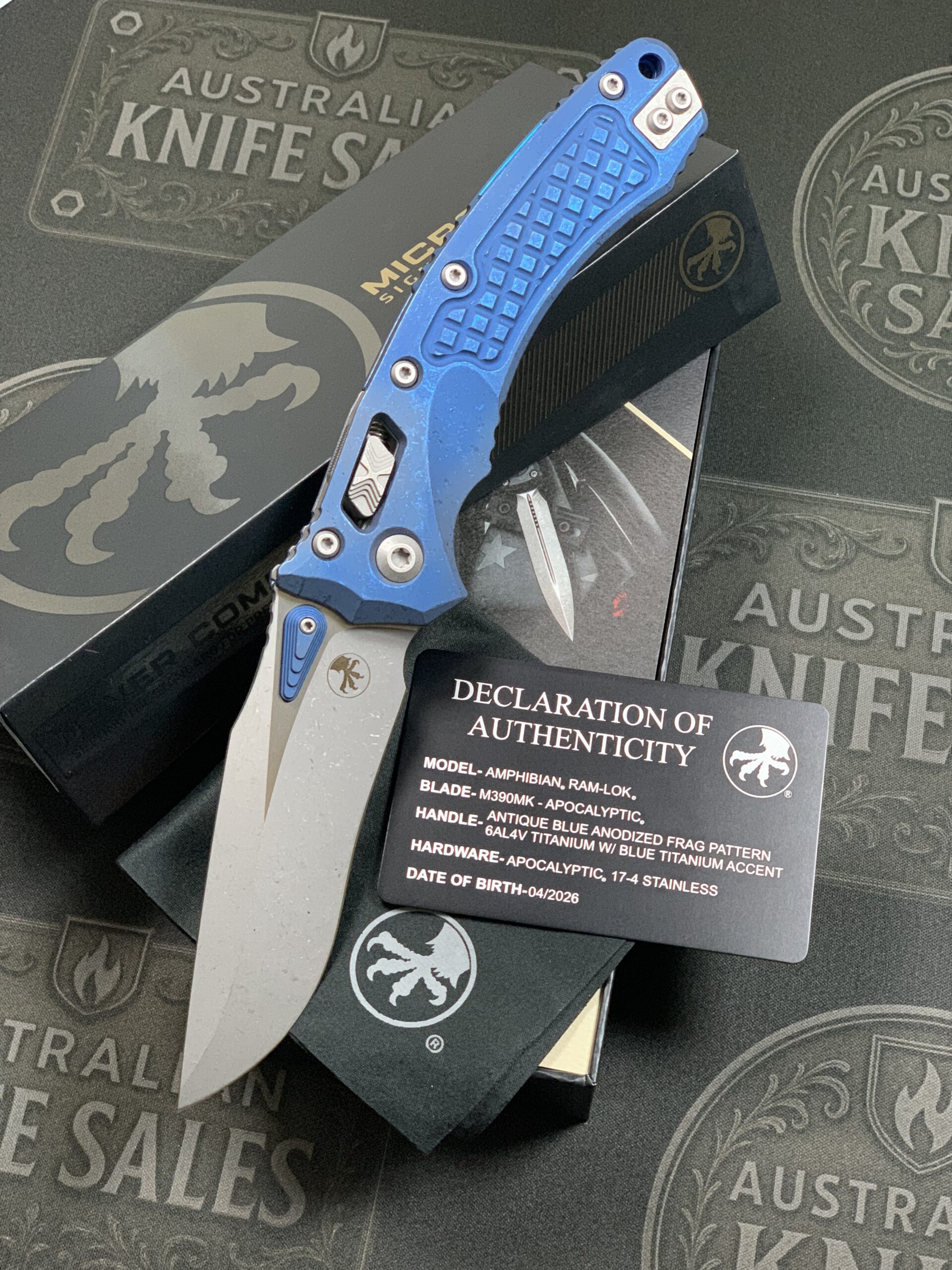 Microtech Amphibian Marfione Select Apocalyptic Antique Blue – Anodized Frag Pattern Titanium w/ Blue Titanium Accents
