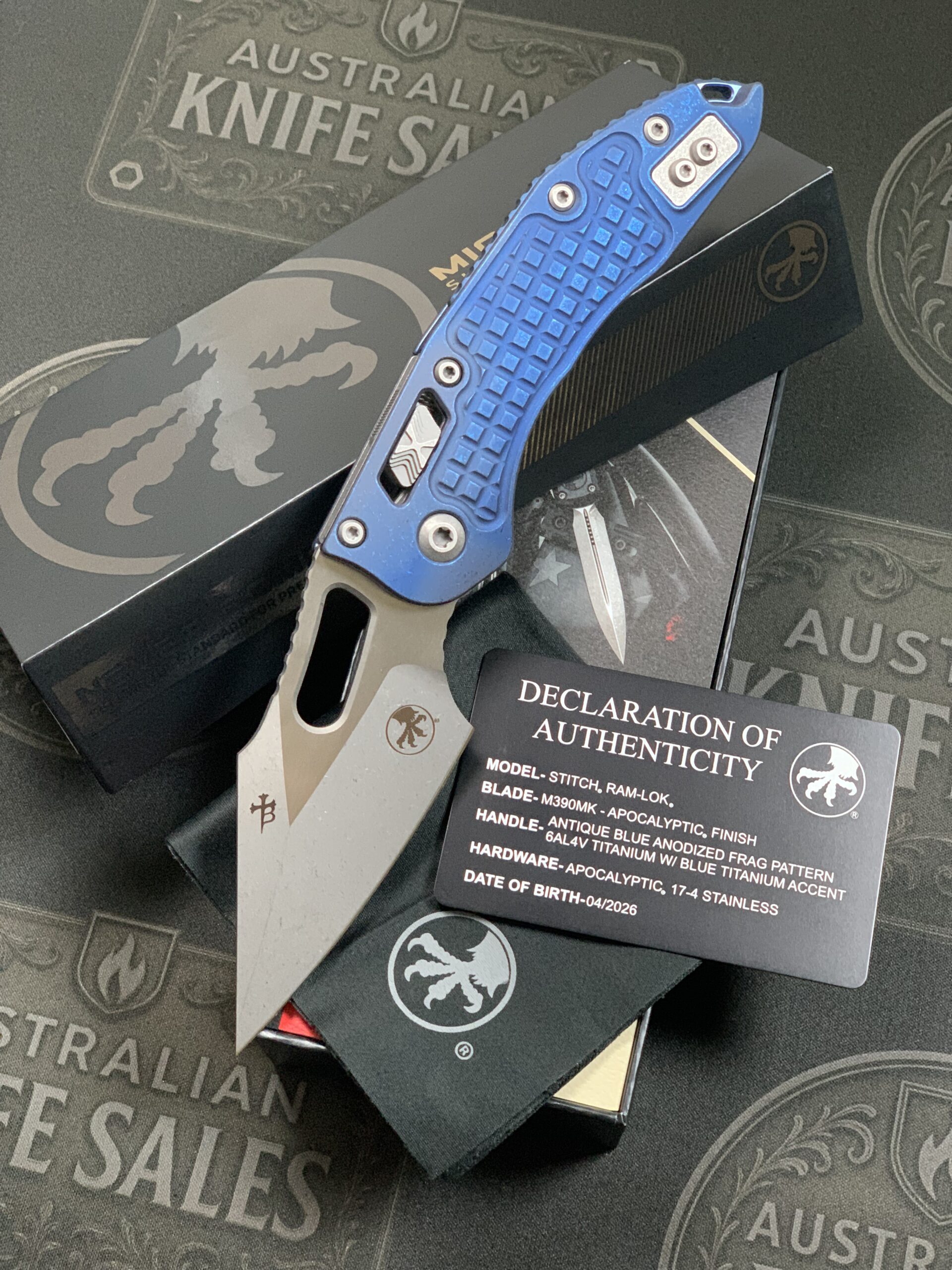 Microtech Stitch Marfione Select Apocalyptic Antique Blue – Anodized Frag Pattern Titanium w/ Blue Titanium Accents