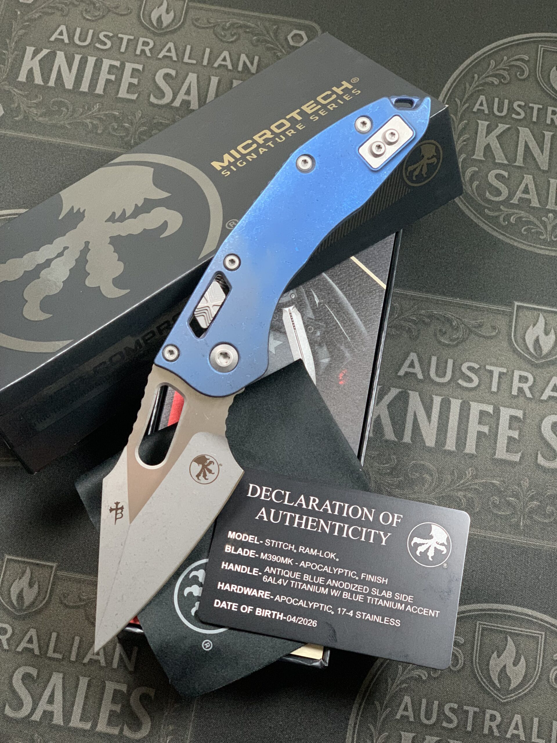 Microtech Stitch Marfione Select Apocalyptic Antique Blue – Anodized Slab Side Titanium w/ Blue Titanium Accents