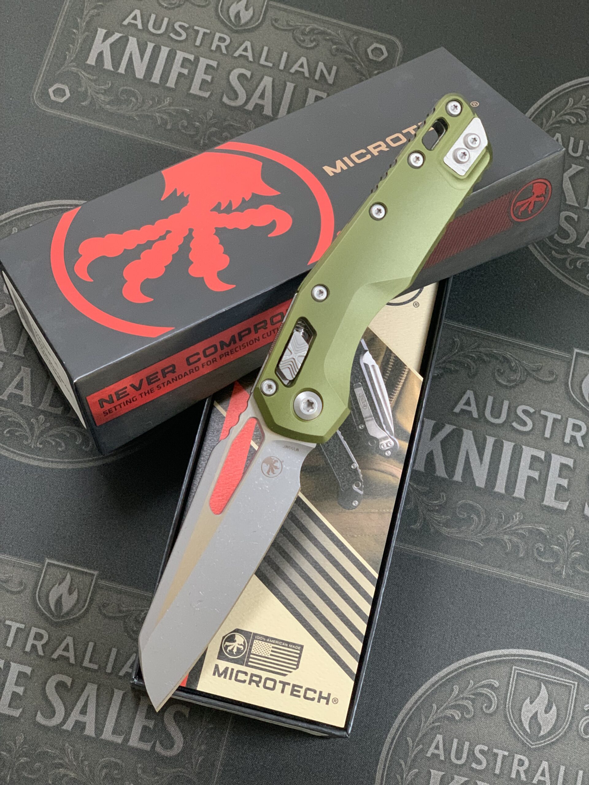 Microtech MSI S/E – Apocalyptic Blade – OD Green Handle Aluminium