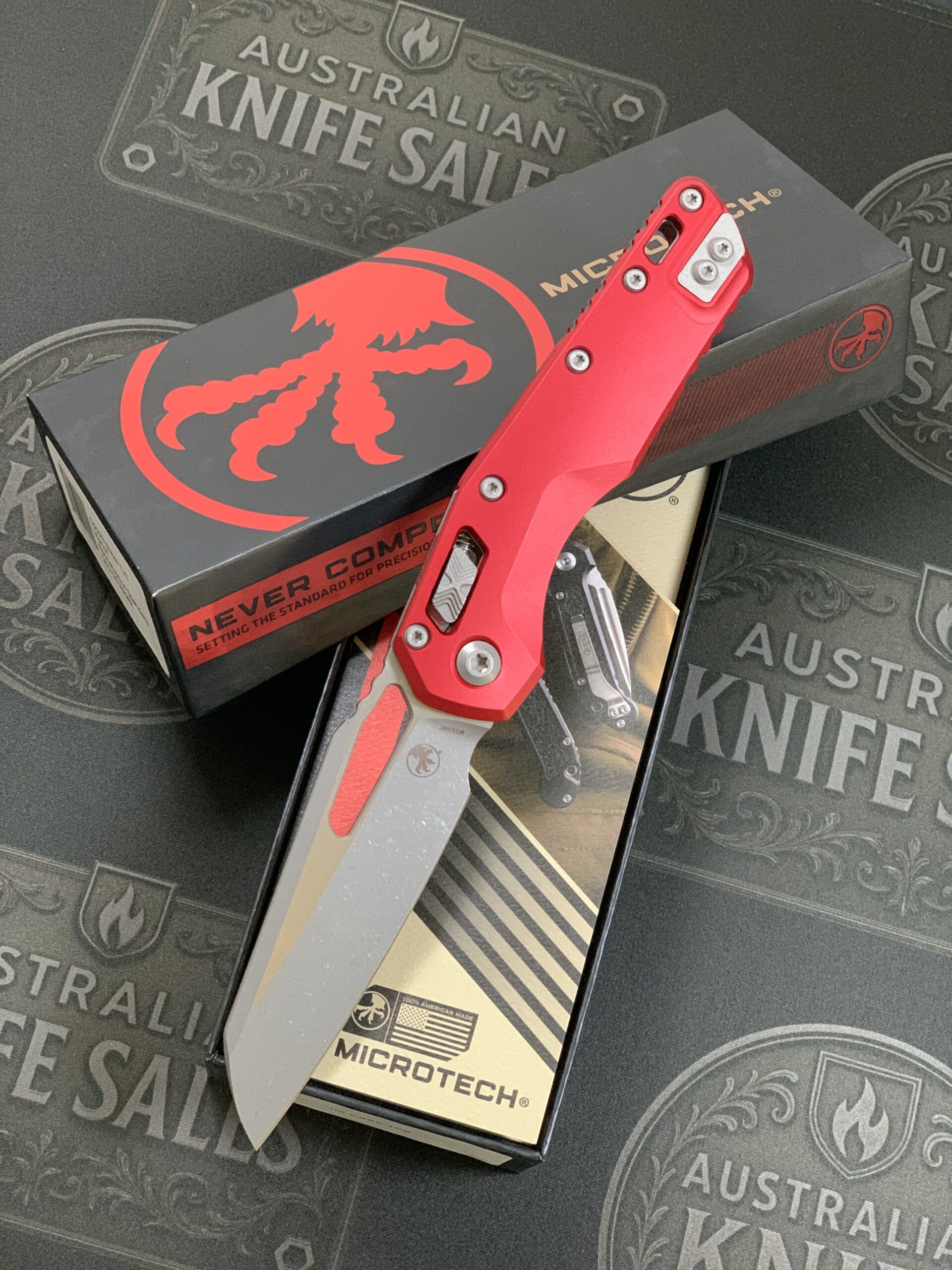 Microtech MSI S/E – Apocalyptic Blade – Red Handle Aluminium