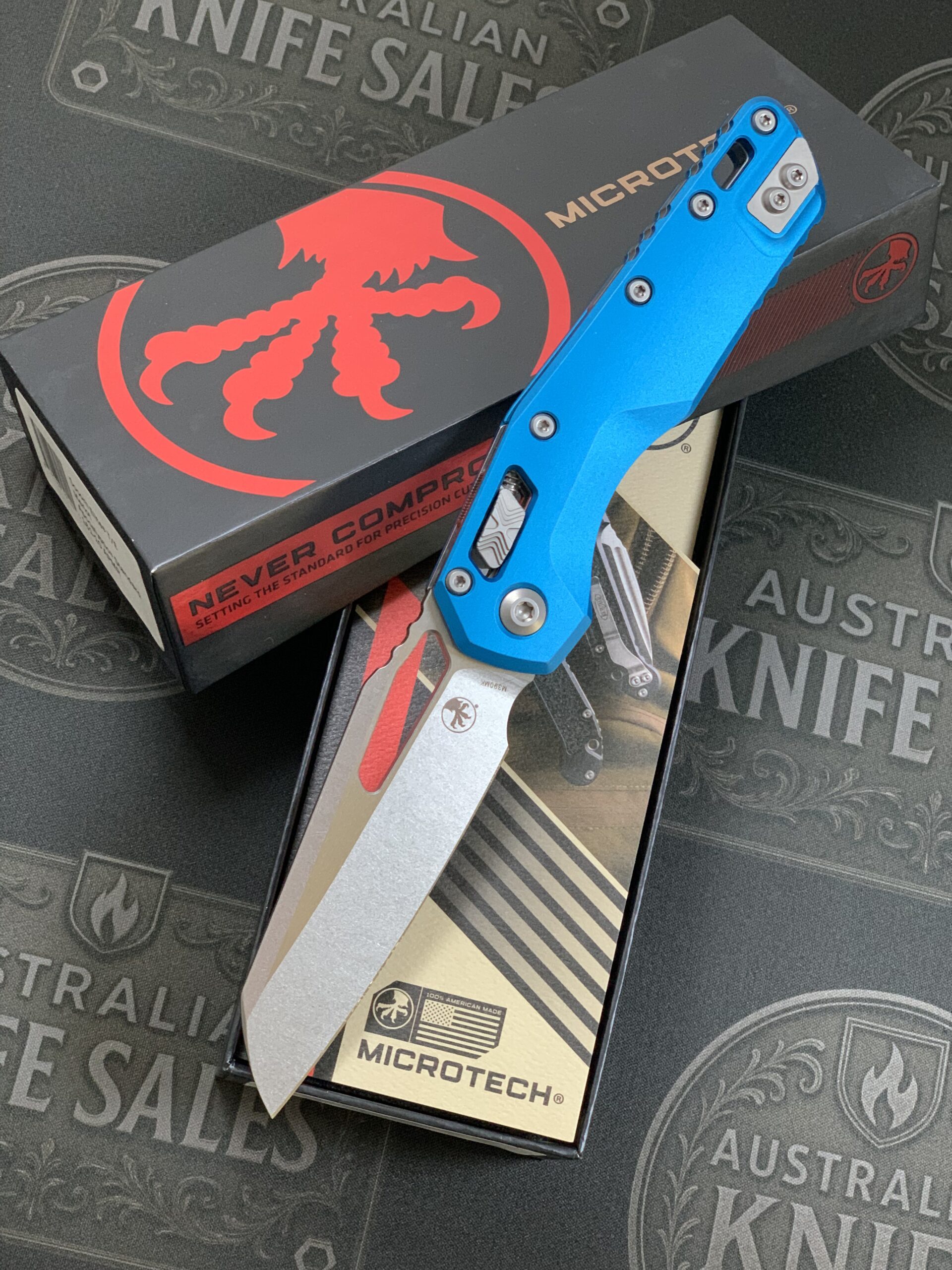 Microtech MSI S/E – Stonewash Blade – Blue Handle Aluminium