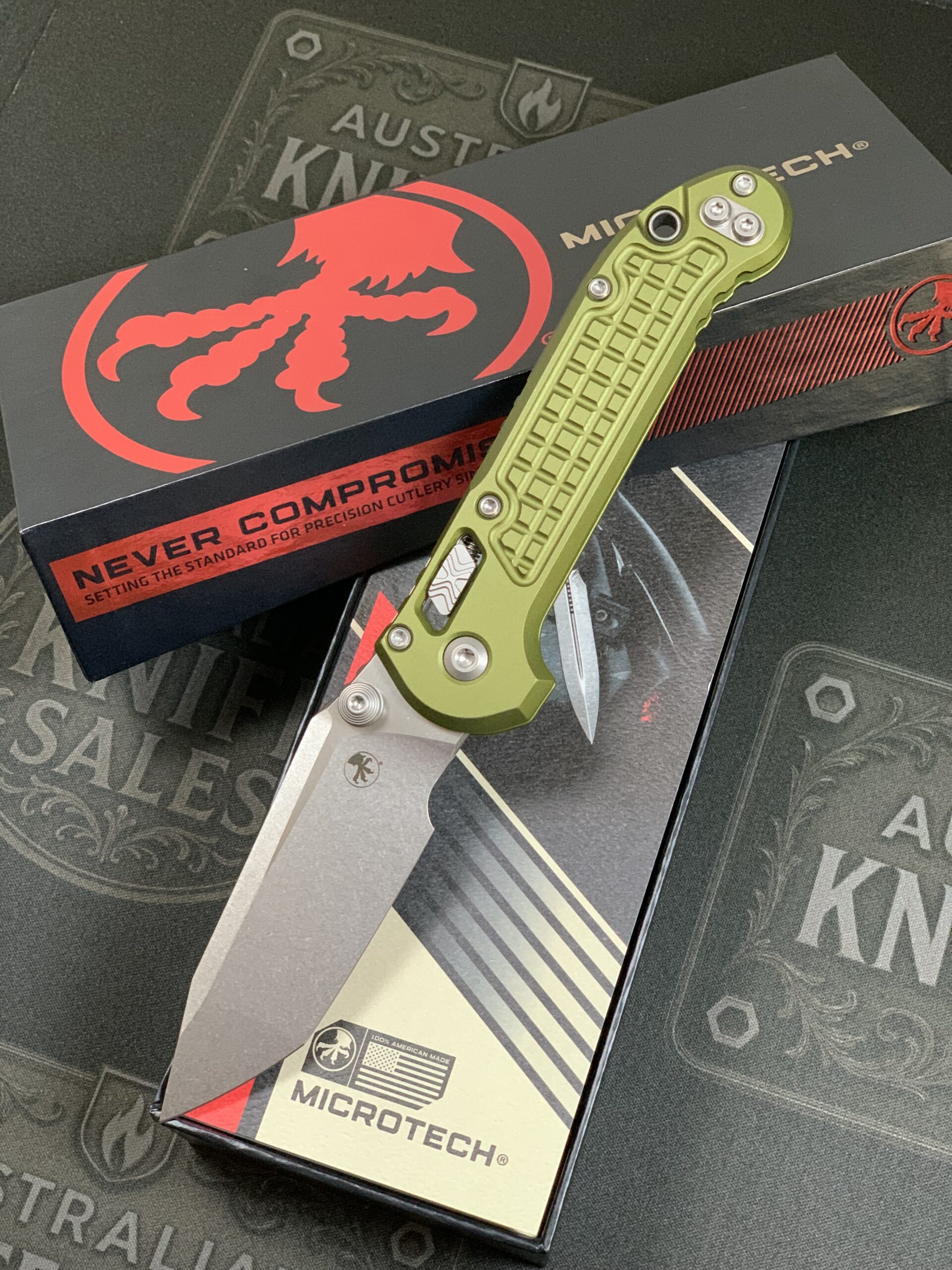 Microtech LUDT T/E Ram-Lok Stonewash – OD Green Frag Aluminum Handles