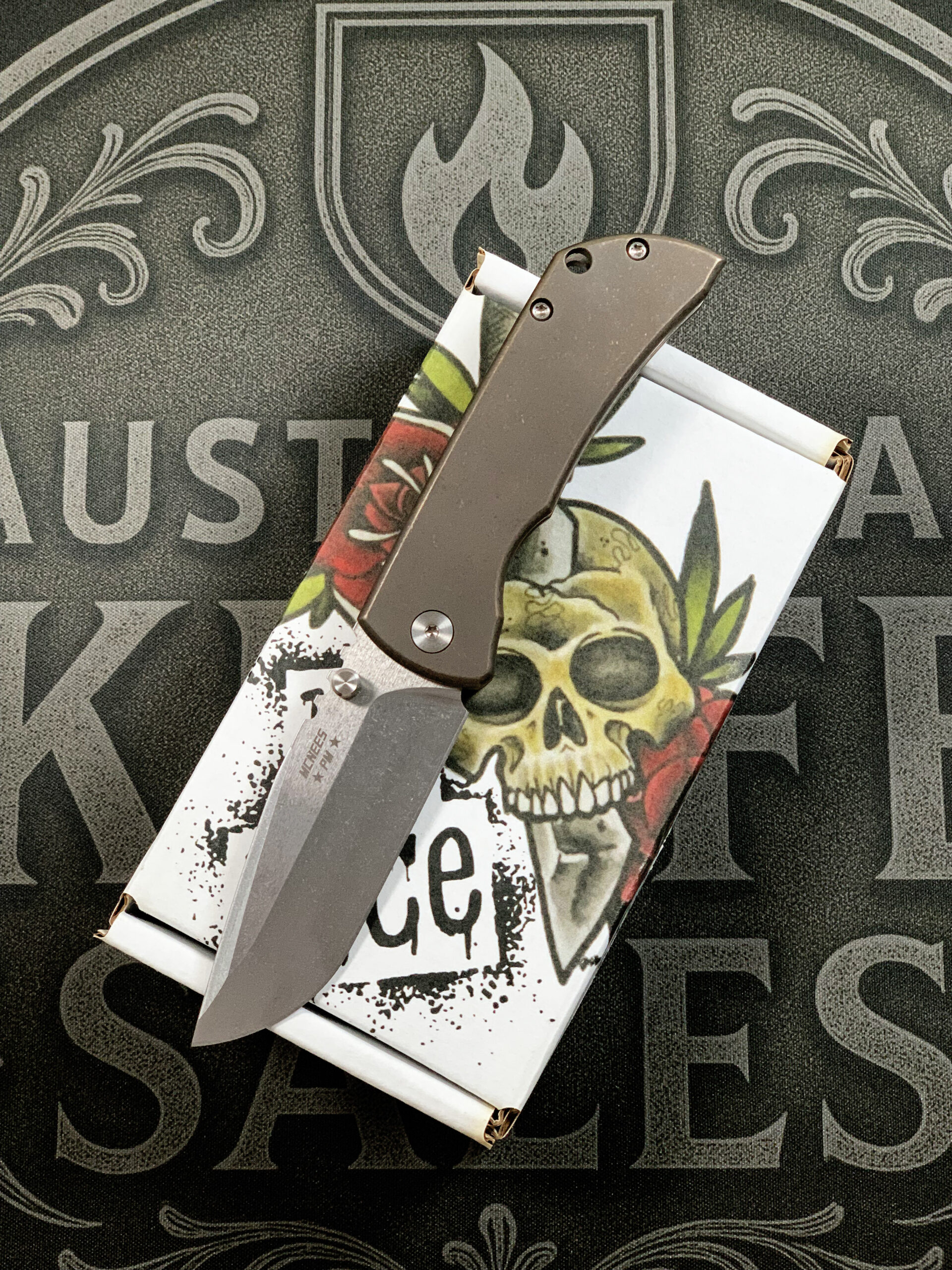 McNees PM Mac 2 3″ – Hollow Grind – Atomic Bronze Titanium – Satin Hardware - Satin Stonewash Blade